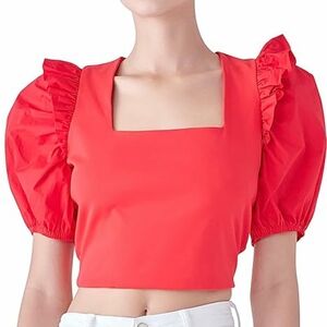 English Factory Women's Red Puff Sleeve Crop Top